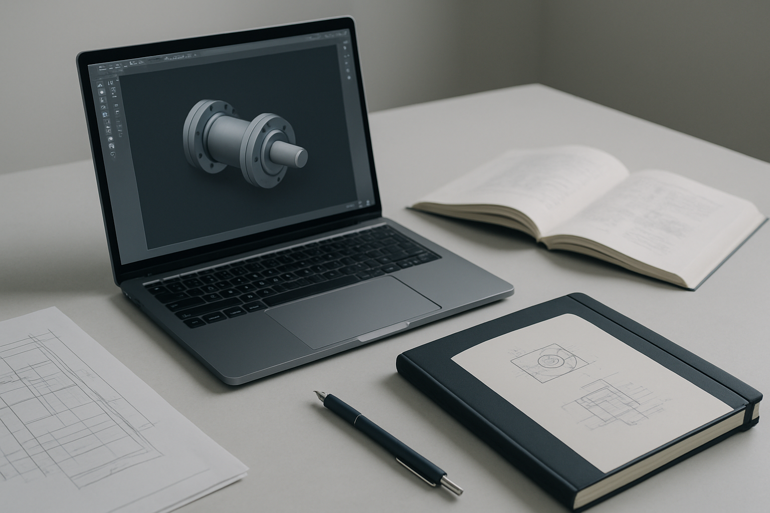 AI generated photo showing desk with CAD drawing and notebook